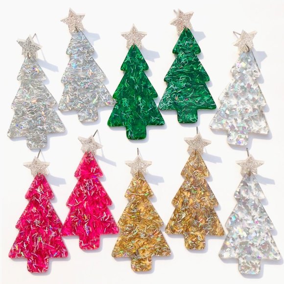Clear Lucite glitter vintage inspired Christmas tree earrings - Picture 1 of 6